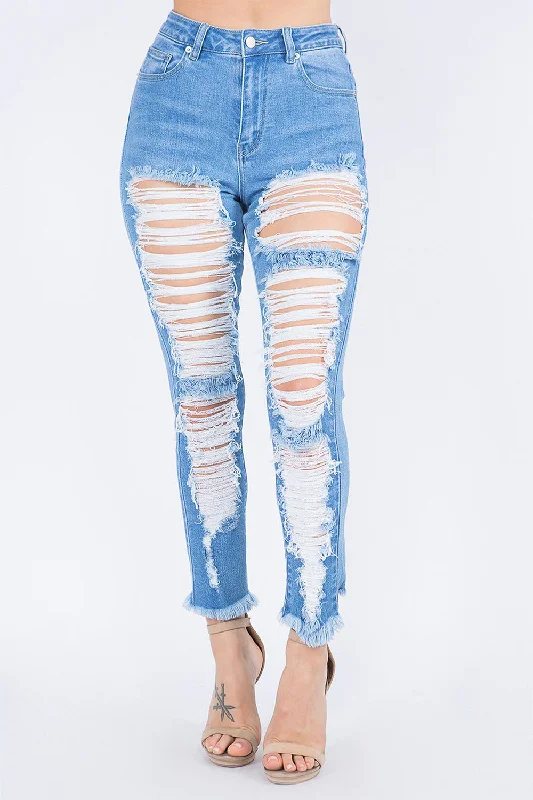 Women's High Rise Heavy Distressing Washed Out Denim Skinny Jeans