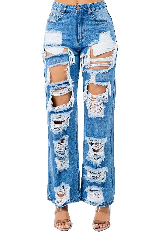 Women's High Distressed Wide Fit Denim Jeans