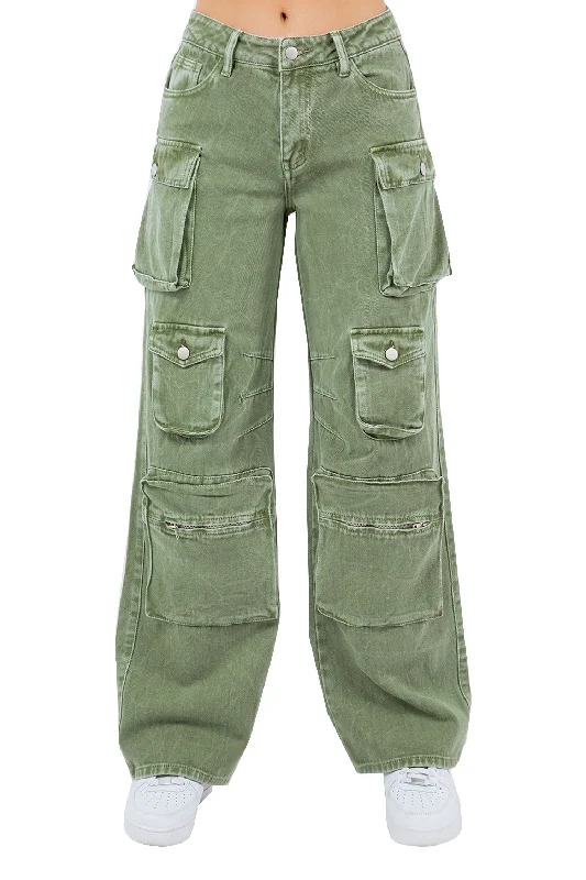 Women's High Rise Stone Washed Cargo Pocket Loose Fit Denim Jeans