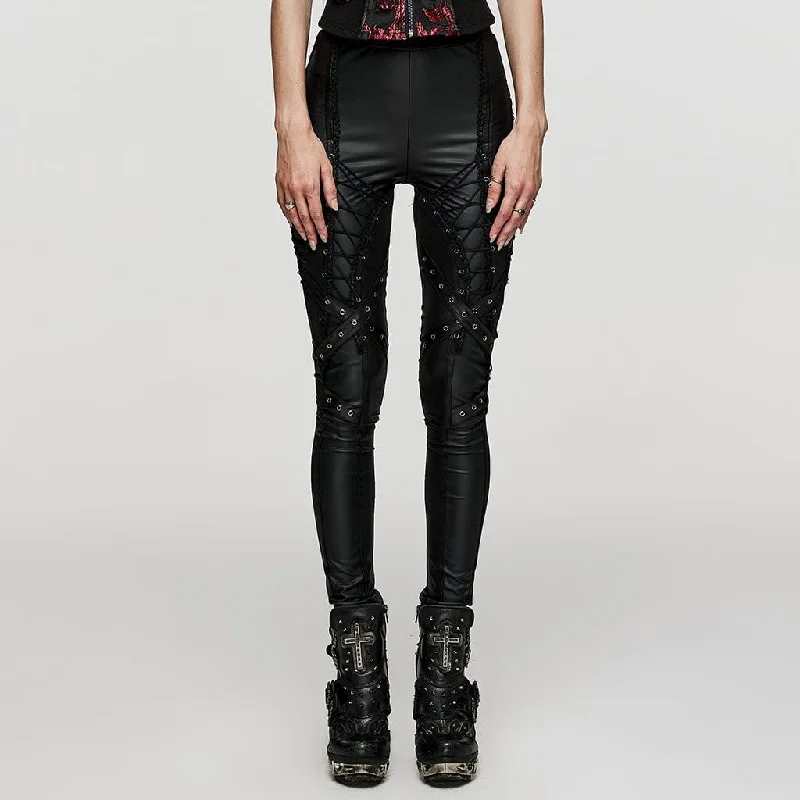 Women's Punk Lace-up Lace Splice Faux Leather Leggings