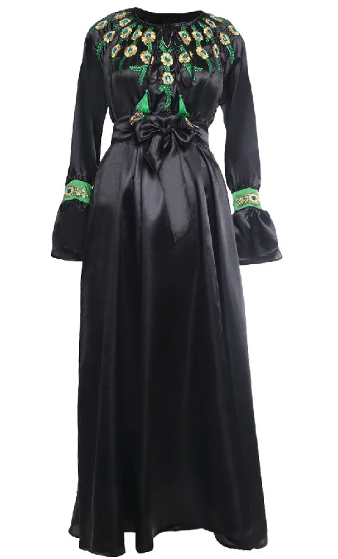 Beautiful Black Satin Embroidered Detailing Abaya With Tassels And Loose Belt