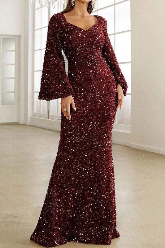 WOMEN LONG BELL SLEEVE SEQUIN MAXI PARTY DRESS