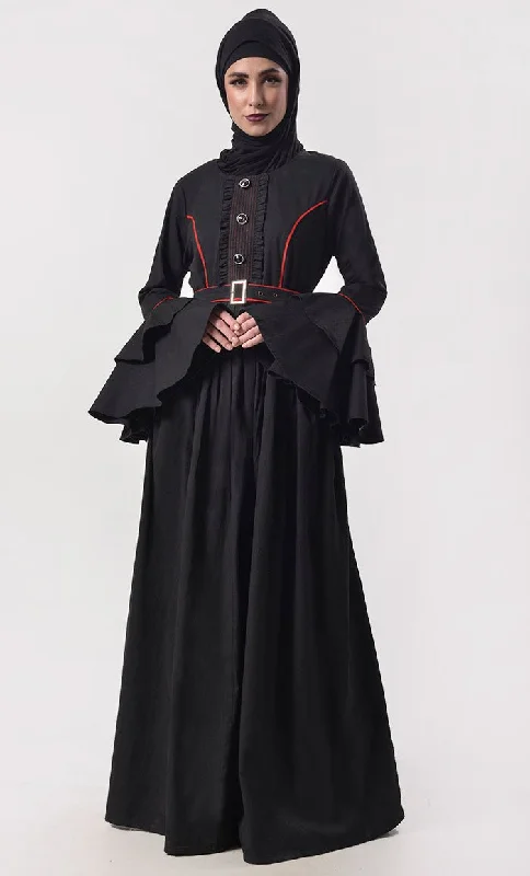 Elegant Black Contrast Red Piping Detailing Abaya With Belt And Pockets