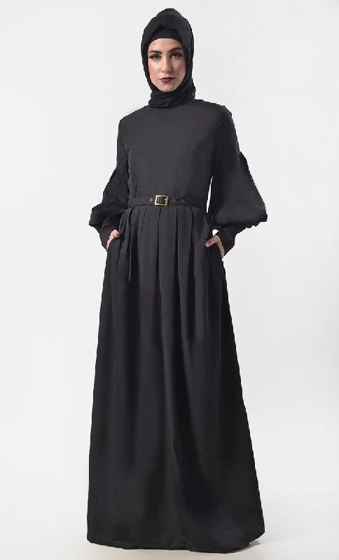 Modern Sleeve Detailing Black  Abaya With Pockets And Belt