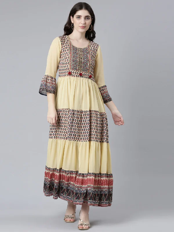 Neeru's Cream Straight Casual Printed Dress