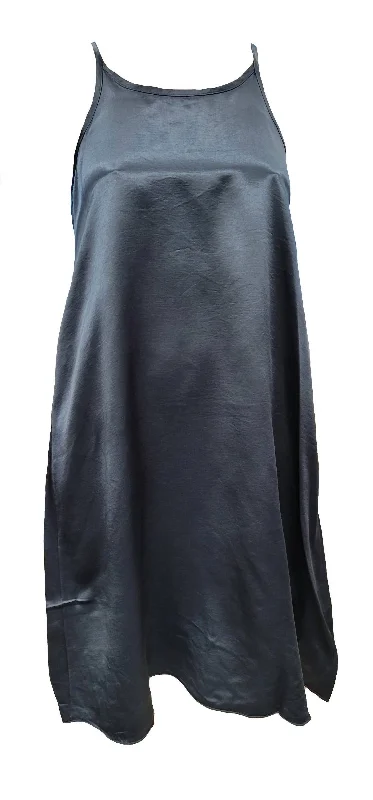 Ruby Satin Knee Length Gown With Spaghetti Straps & Gathered Back Ruby In Navy