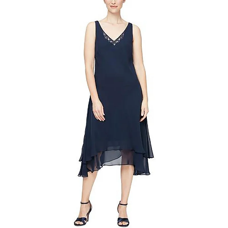 SLNY Womens Petites Embellished Midi Cocktail And Party Dress