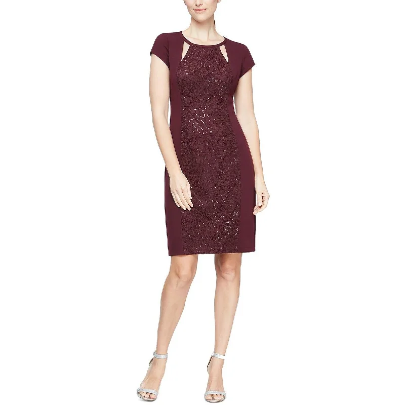 SLNY Womens Sequined Lace Inset Cocktail and Party Dress