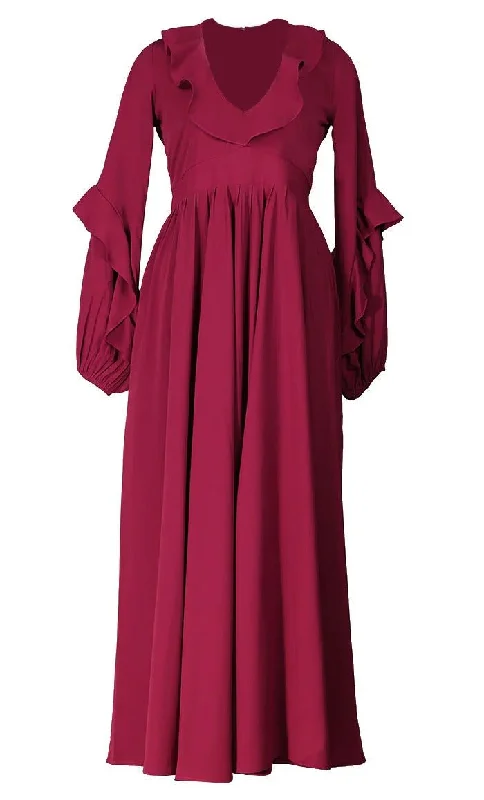 Super Maroon Ruffel Detailing Abaya With Pockets