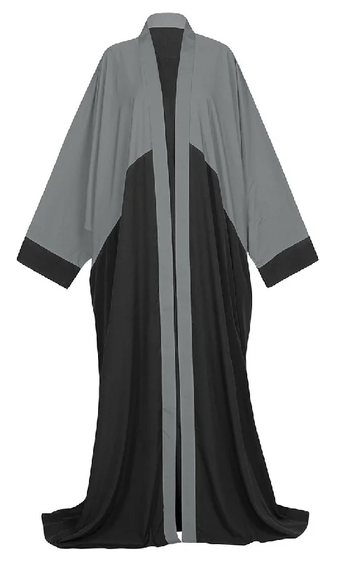 Women's Bisht Style Detailing Black And Grey Crepe Abaya With Pockets