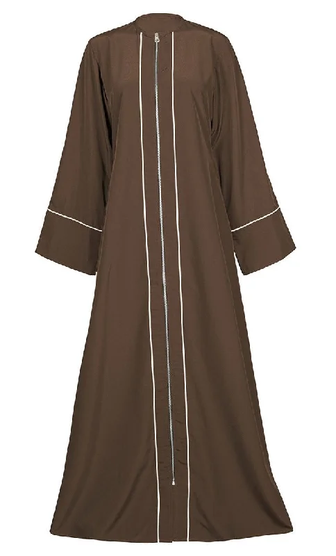 Women's Brown Front Zipper Down And White Piping Detailing Kashibo Abaya With Pockets