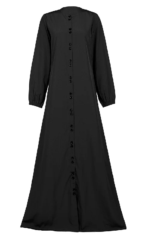 Women's Comfortable Black Kashibo Basic Button Down Abaya With Pockets