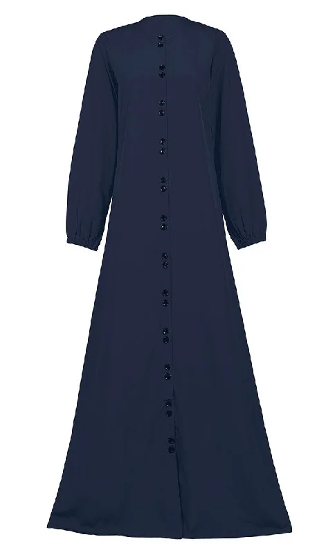 Women's Comfortable Blue Kashibo Basic Button Down Abaya With Pockets