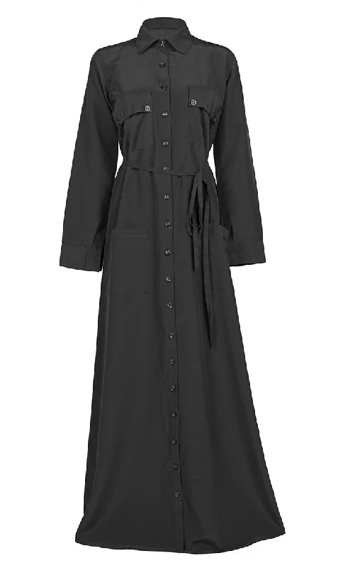 Women's Comfortable Kashibo Black Button Down Abaya With Pockets And Loose Belt