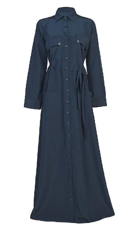 Women's Comfortable Kashibo Blue Button Down Abaya With Pockets And Loose Belt