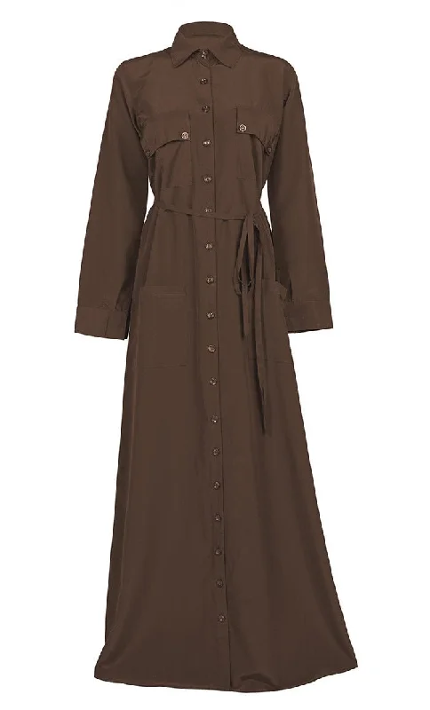 Women's Comfortable Kashibo Dark Brown Button Down Abaya With Pockets And Loose Belt