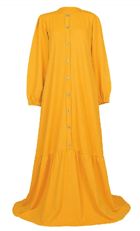 Women's Front Button Yellow Warm Pantroma Abaya With Pockets