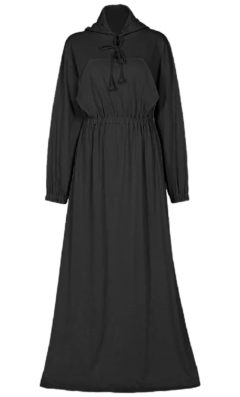 Women's Jersey Black Hooded Abaya With Pockets