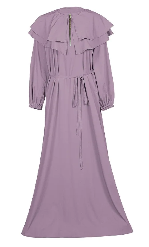 Women's ROSE DUST Front Zip And Frill Detailing Crepe Abaya With Pockets