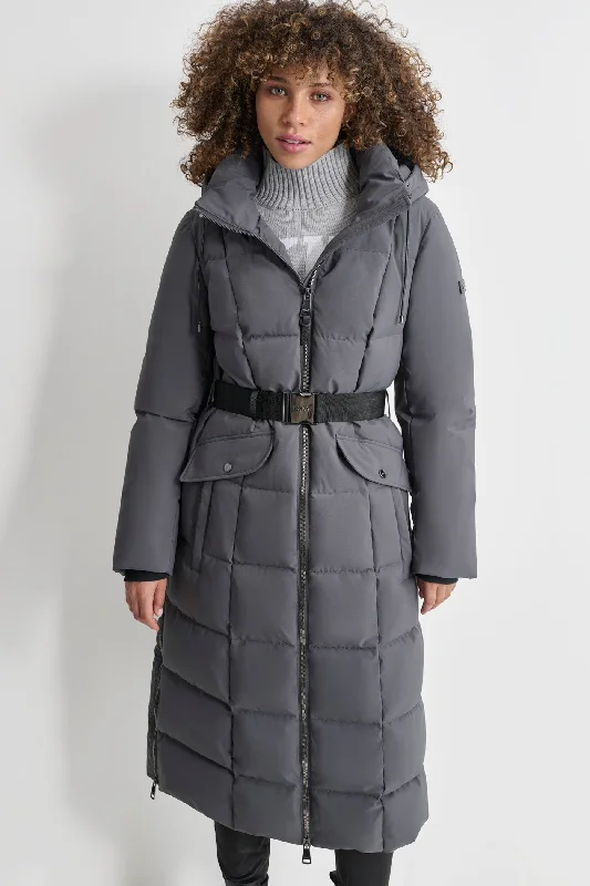 BOX QUILT LONG PUFFER W/ BELT