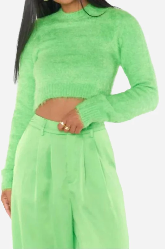 Show Me Your Mumu Cropped Varsity Sweater in Bright Green Fuzzy Knit