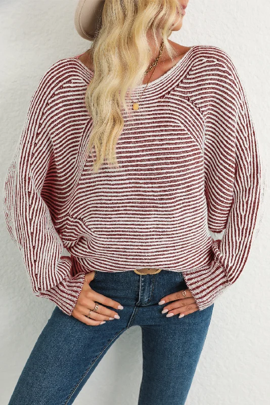 Red Dahlia Striped Print Ribbed Knit Raglan Sleeve Baggy Sweater